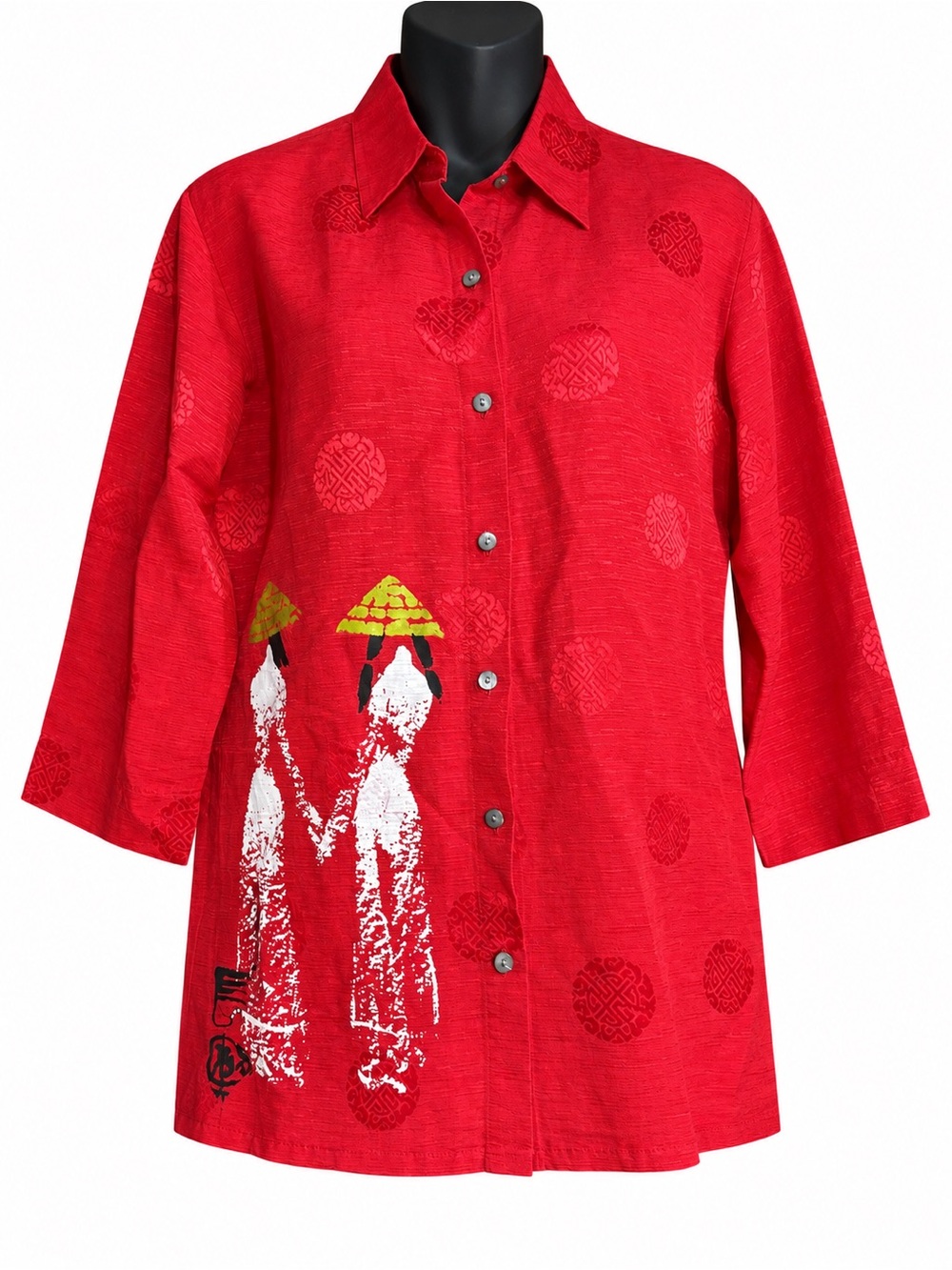 Chico's Design red jacquard  Asian tunic button-up blouse